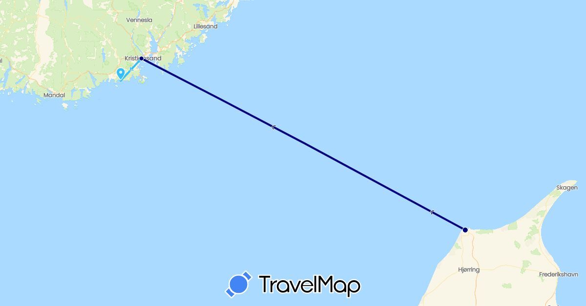 TravelMap itinerary: driving, boat in Denmark, Norway (Europe)